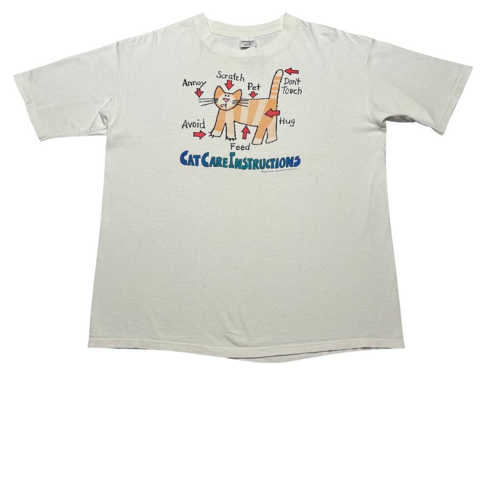 Vintage 90s Cat Care Instructions Single Stitch Shirt Men's XL Funny Animal Tee